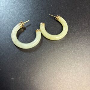 Estate 14KT Yellow Gold Genuine Light Green Jade Tube Hoop Earrings 24mm x 4mm